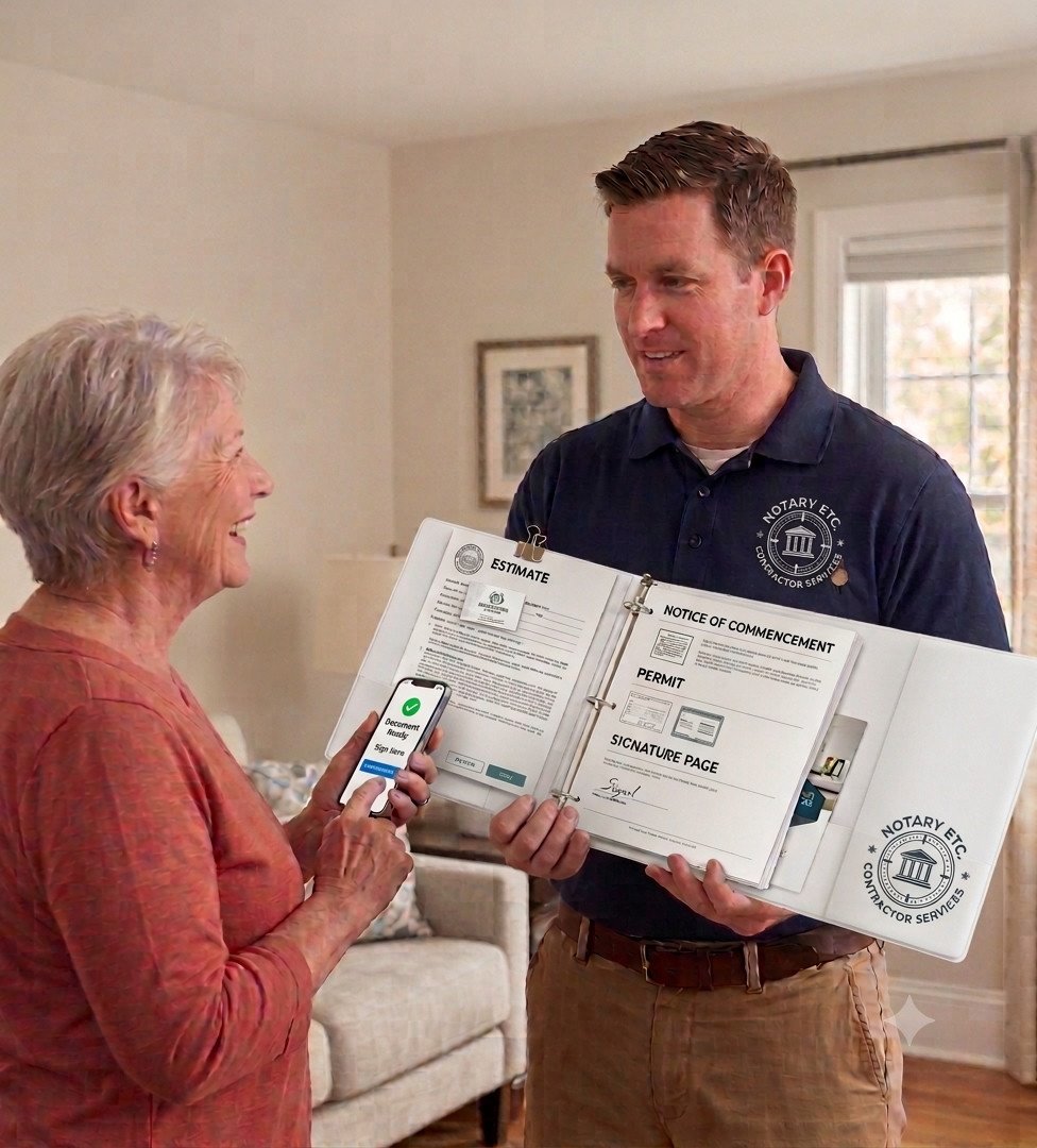 A Notary Etc. representative reviewing signed paperwork with a homeowner during a Windows contractor job